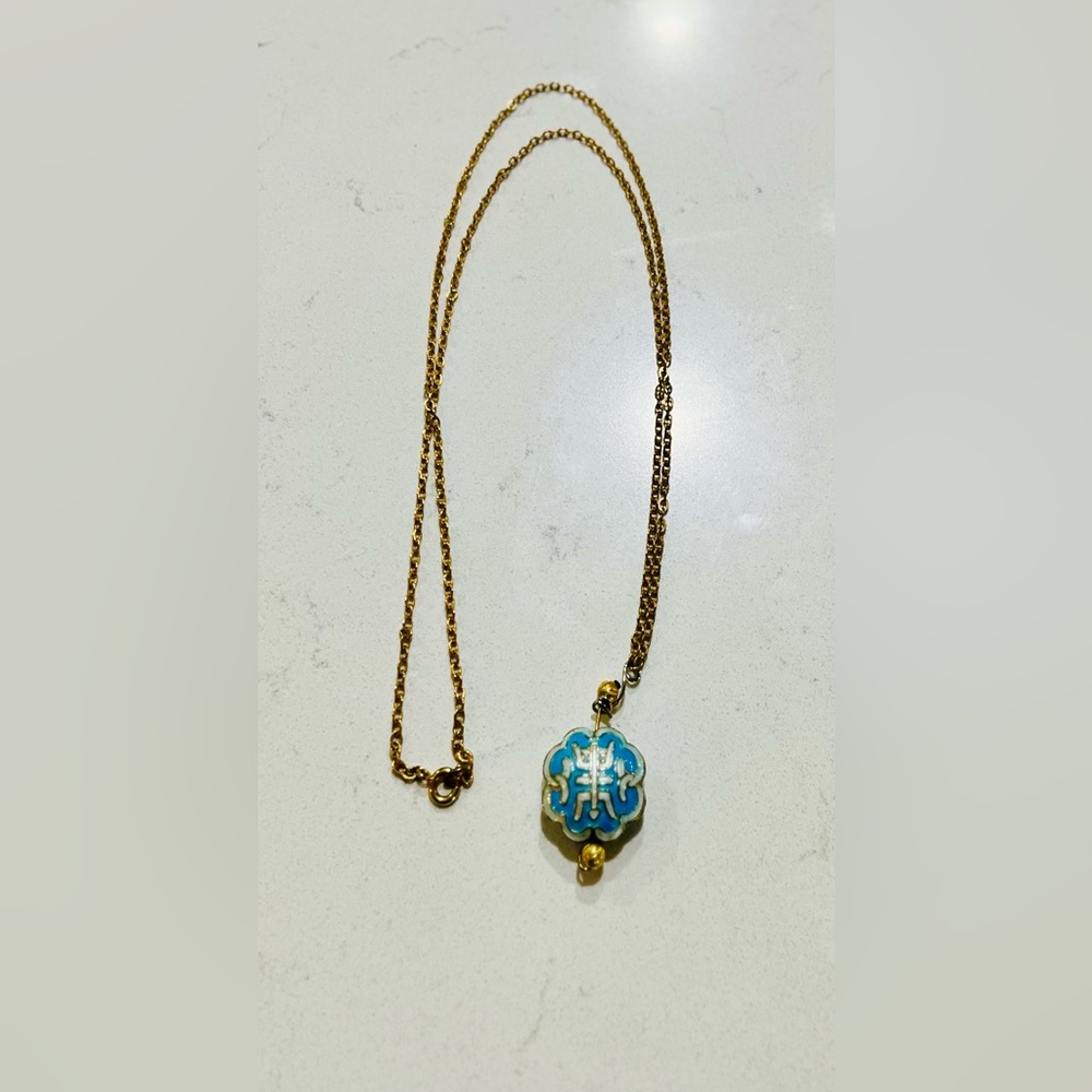 Vintage Cloisonné Enamel Necklace – Robin’s-Egg Blue & Gold Longevity Symbol - Picture 11 of 11